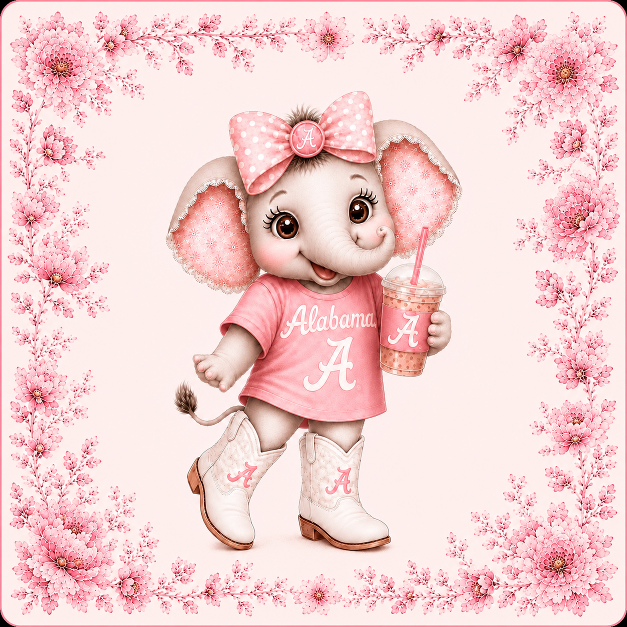 Alabama elephant in pink bow and cowboy boots illustration