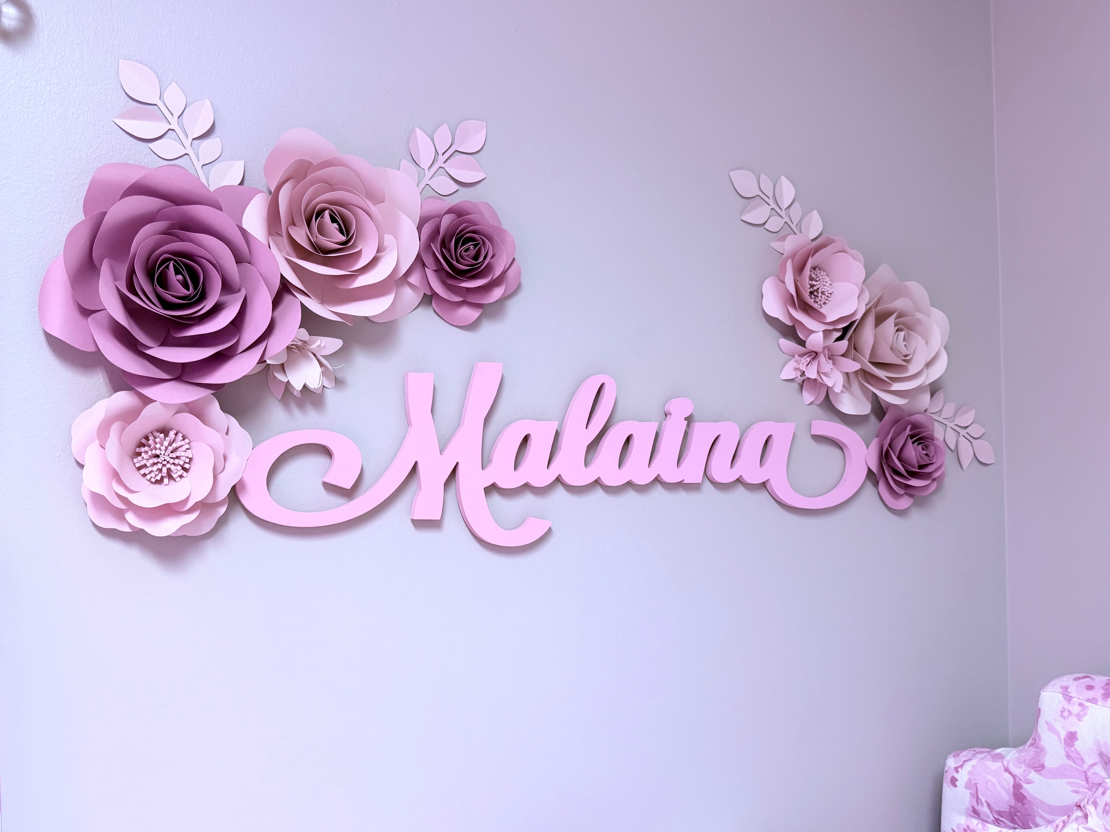 Malaina wooden name with paper flowers wall art